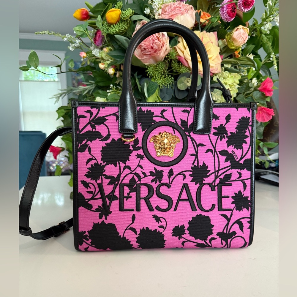 Versace La Medusa Tote Bag in Black & Pink with Crossbody Stap ~ EUC Gently Used